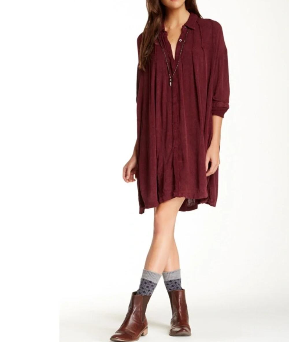 Free People Burgundy Red Sheer Oversized Button Down Mini Dress Boho Women's XS